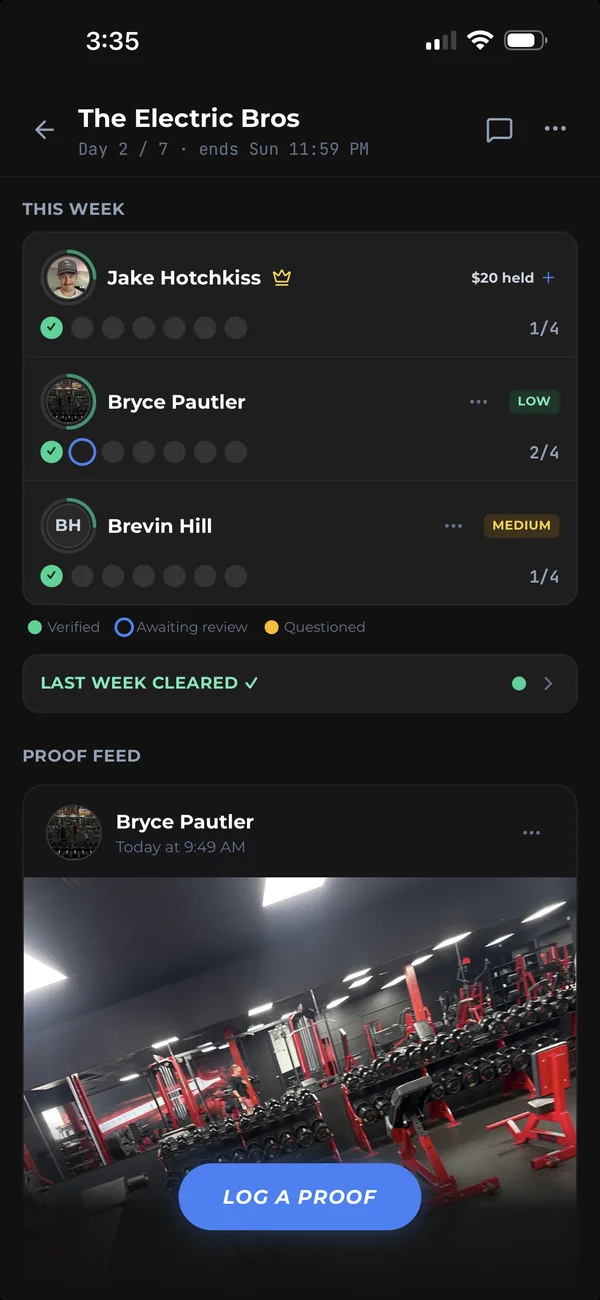 Weekly targets, deposits held, and the photo-verified proof feed