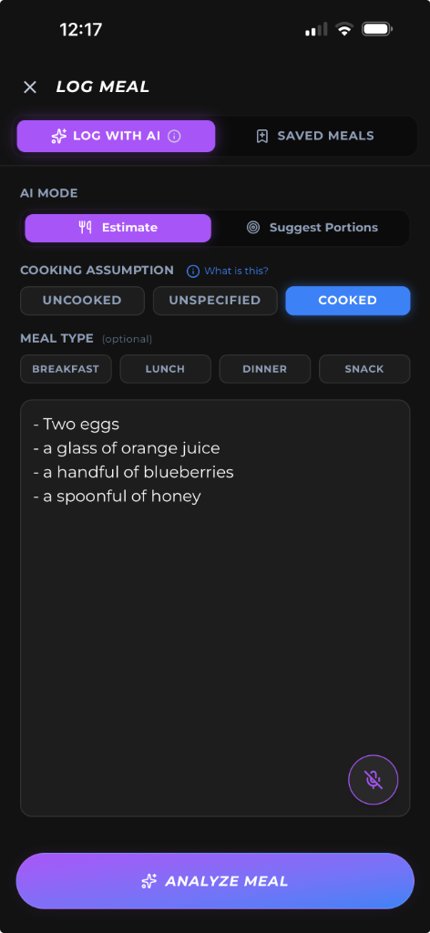 Logging a meal in TRY Fitness by describing it in plain English