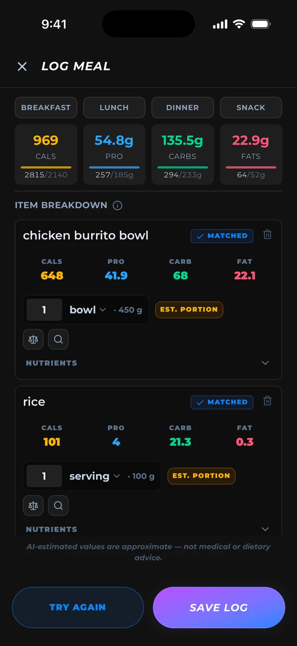 The logged meal, broken into items with calories, protein, carbs and fat