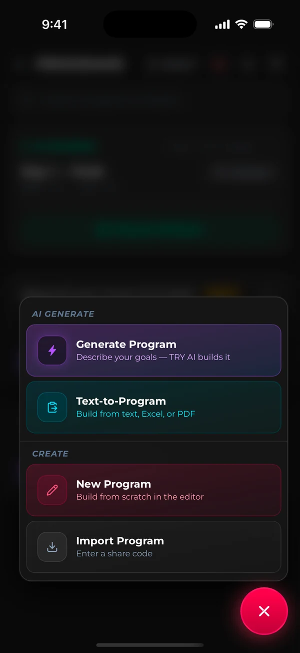 New program menu: generate a program, or build one from text, Excel or PDF