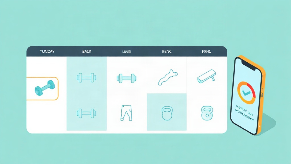 Illustration of a weekly training split schedule with dumbbells, a bench and a kettlebell next to a phone showing workout progress.