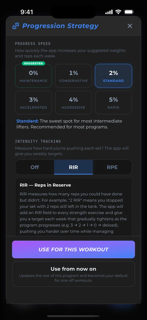 Progression settings: how fast targets rise each week, and RIR tracking